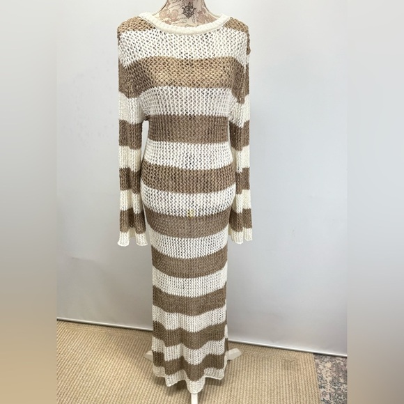 RIVER ISLAND Cream and Tan Striped long sleeve open back Swim Coverup size L - Picture 4 of 16